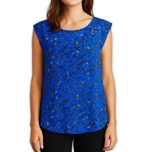 Pleione Blue Floral Sleeveless Blouse Scoop Neck Boho Small